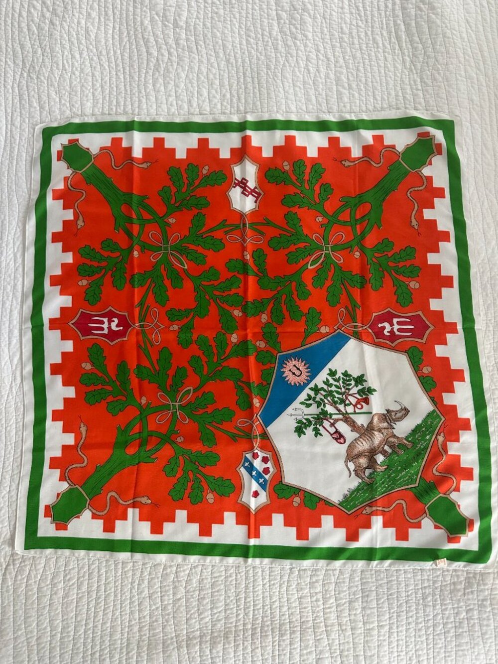 Italian Scarf "Coat of Arms" - Rhinoceros & Snakes Motif - Leonardi-Italy 1970s